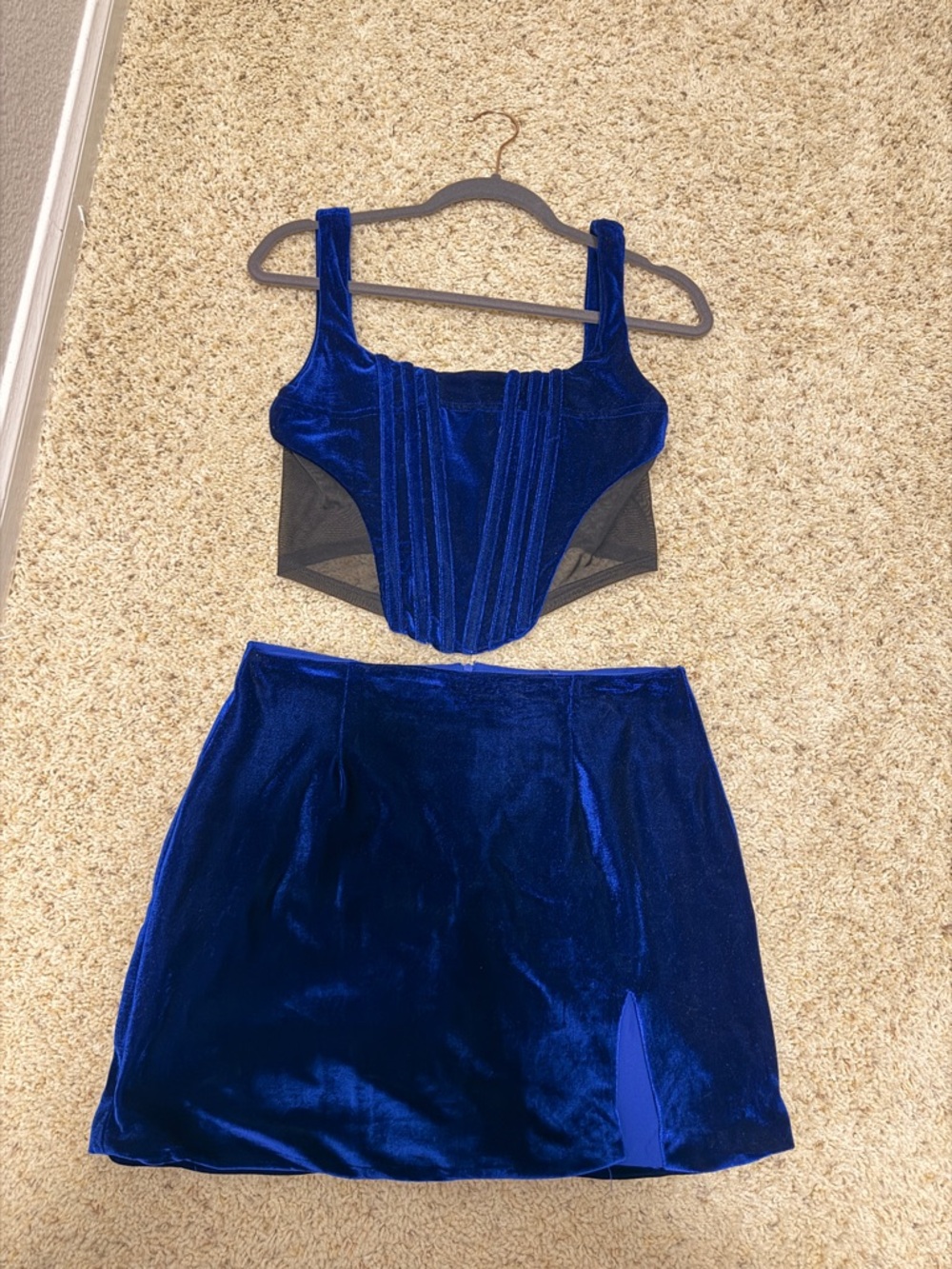 Rumored Royal Blue Velvet Mini Skirt and corset top - both size M